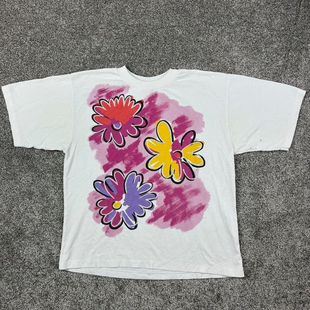 Vintage 80s Flowers Shirt Adult Medium White Floral Beach Hawaiian Art Painting